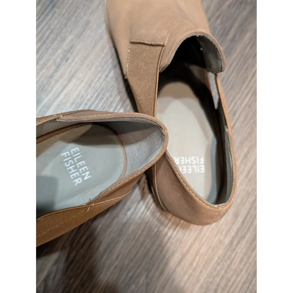 Eileen Fisher Perry Leather Ankle Booties Side Elastic‎ Heel Tan Size 8.5